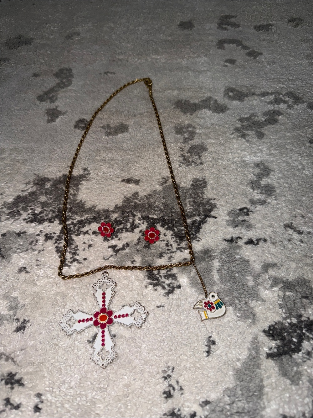 Betsey Johnson Gold-Tone Cross Necklace and Floral Earring Set